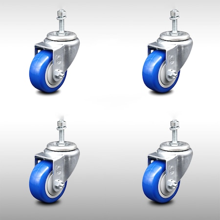 Service Caster 3 Inch SS Blue Polyurethane Wheel Swivel 10mm Threaded Stem Caster Set SCC SCC-SSTS20S314-PPUB-BLUE-M1015-4